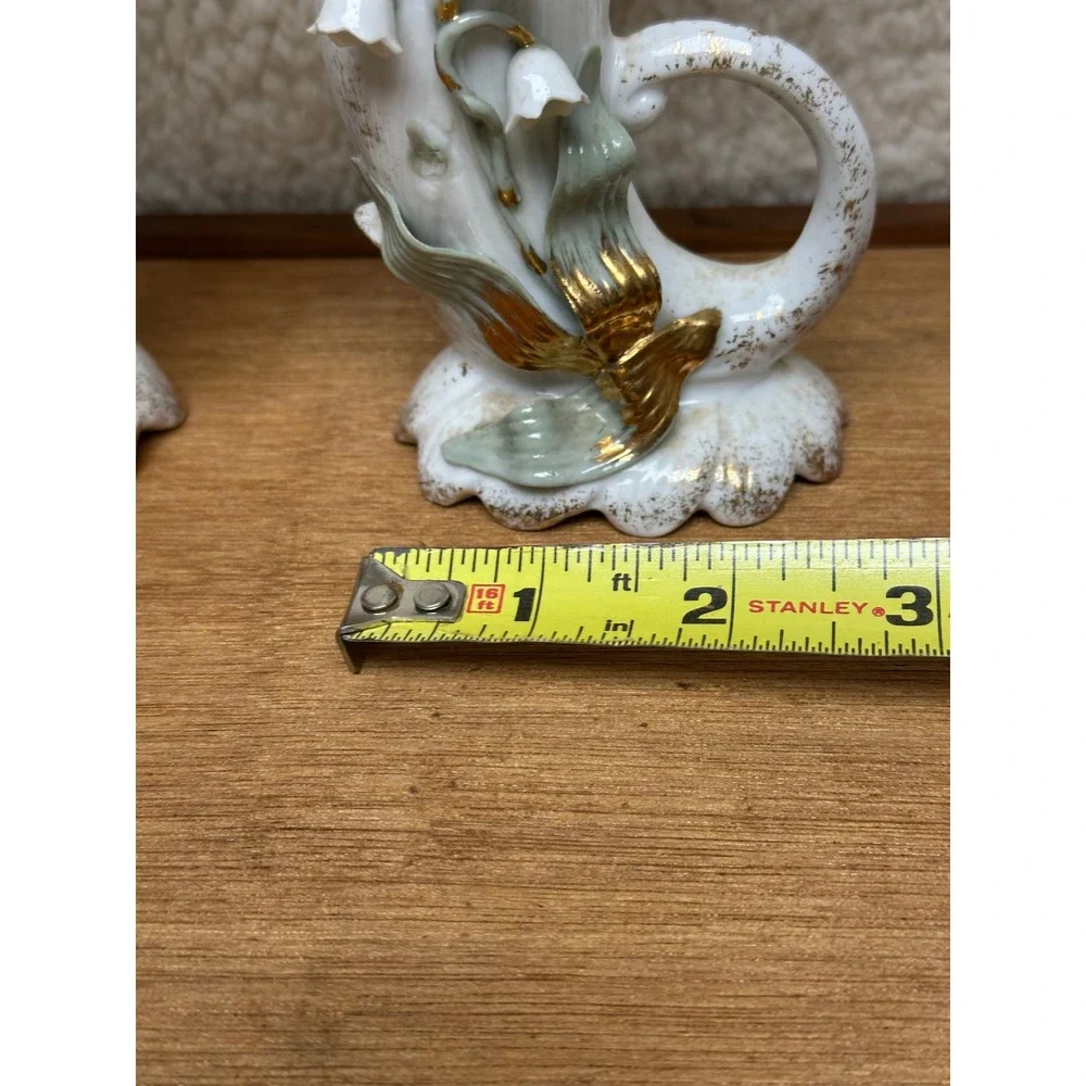 Vintage Cornucopia Vases White Lily of the Valley Gold Gilt Set 2 Lefton China